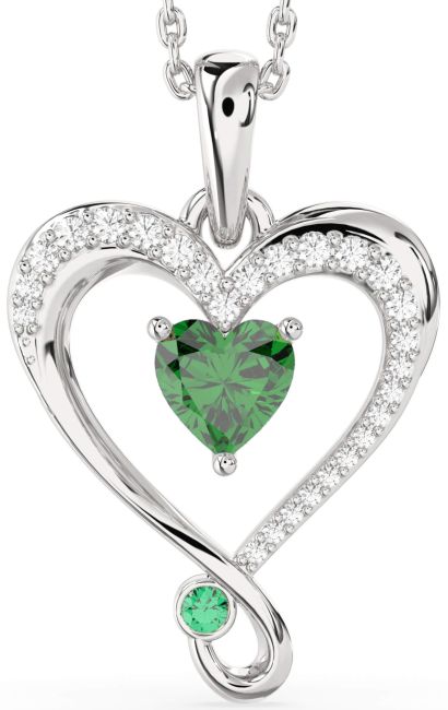 Diamond Emerald Silver Heart Necklace