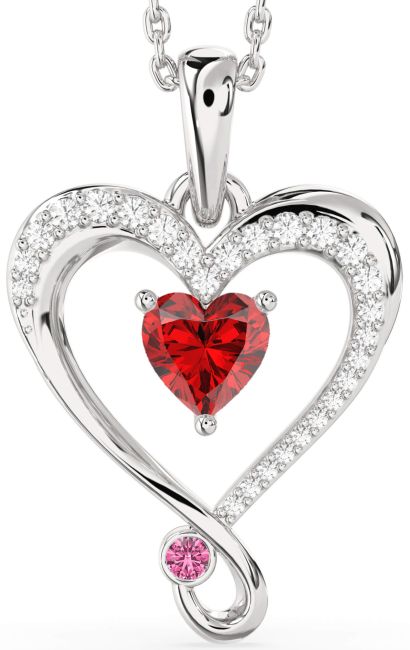 Diamond Ruby & Pink Sapphire Silver Heart Necklace