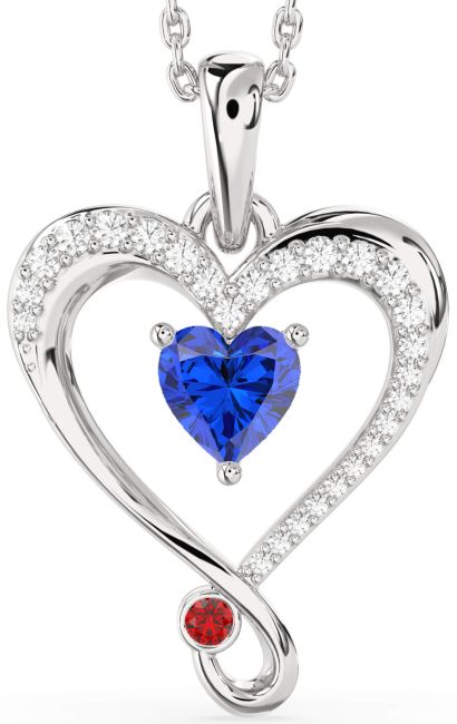 Diamond Blue Sapphire & Ruby Silver Heart Necklace