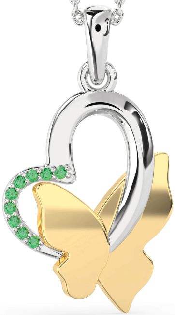 Emerald Gold Silver Heart Butterfly Necklace