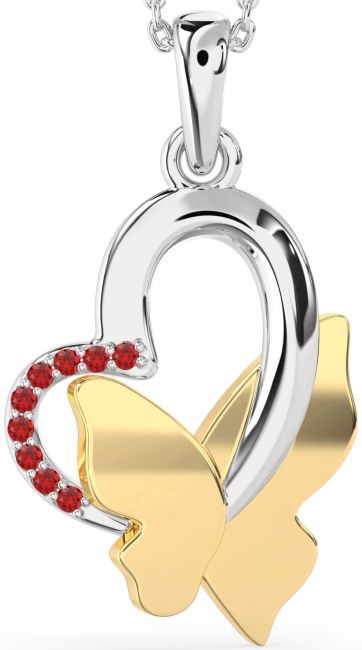 Ruby Gold Silver Heart Butterfly Necklace