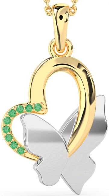 Emerald Gold Silver Heart Butterfly Necklace