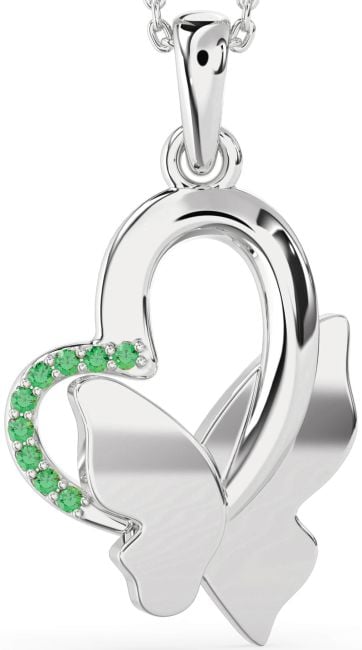 Emerald Silver Heart Butterfly Necklace
