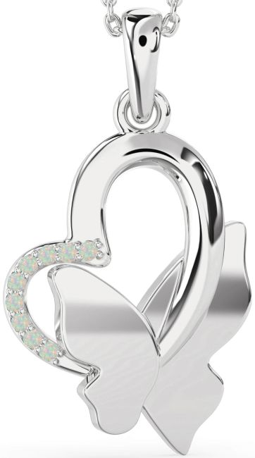 Opal Silver Heart Butterfly Necklace