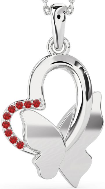 Ruby Silver Heart Butterfly Necklace