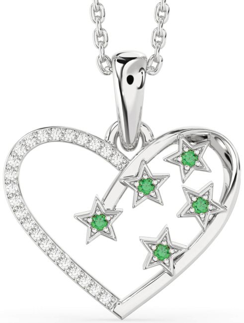 Diamond Emerald Silver Heart Star Necklace