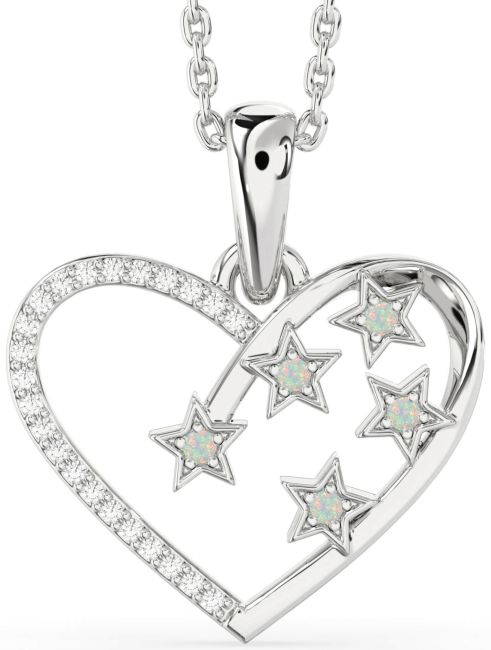 Diamond Opal Silver Heart Star Necklace