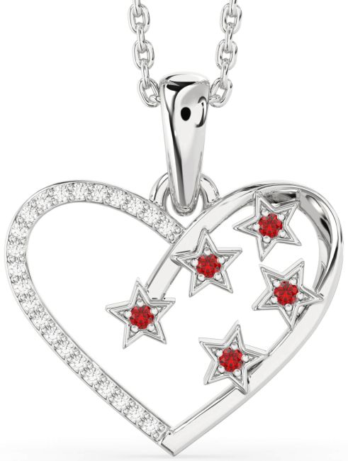 Diamond Ruby Silver Heart Star Necklace