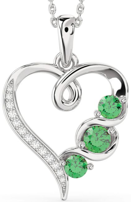 Diamond Emerald Silver Heart Birthstone Necklace