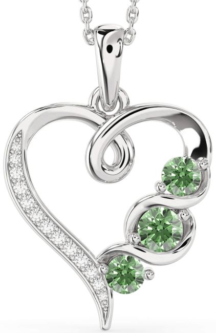 Green Diamond Silver Heart Necklace