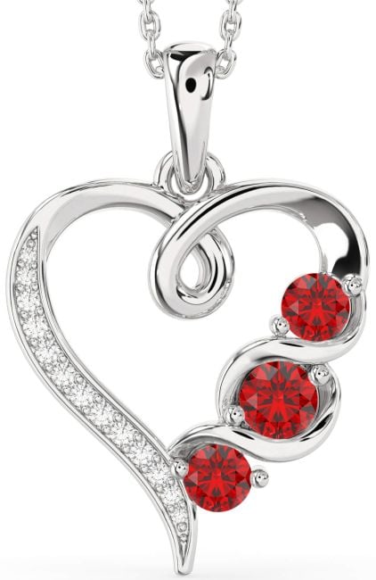 Diamond Ruby Silver Heart Birthstone Necklace