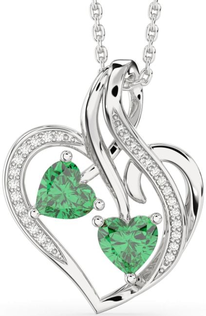 Diamond Emerald Silver Heart Birthstone Necklace