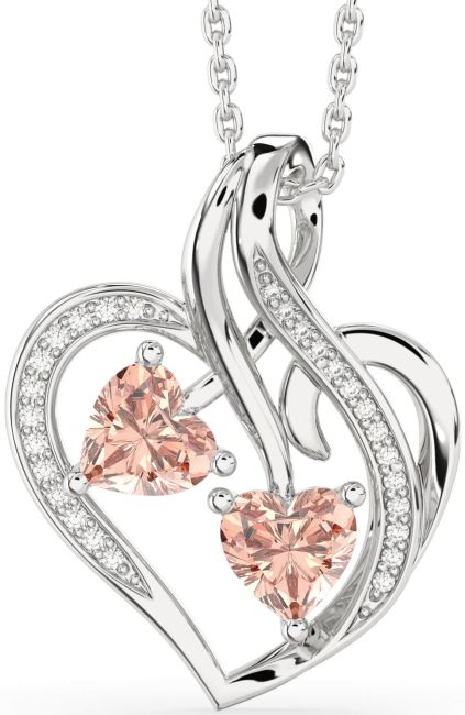 Diamond Morganite Silver Heart Necklace