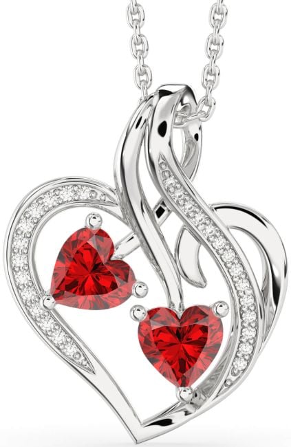 Diamond Ruby Silver Heart Birthstone Necklace