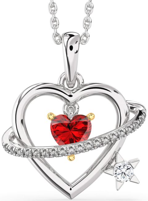 Diamond & Ruby Gold Silver Heart Star Necklace