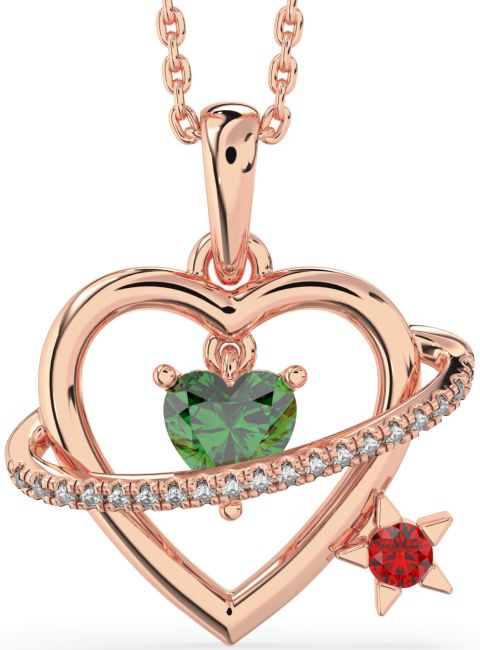 Diamond Emerald & Ruby Rose Gold Heart Star Necklace