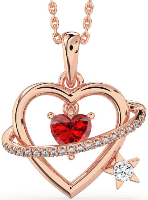 Diamond & Ruby Rose Gold Heart Star Necklace