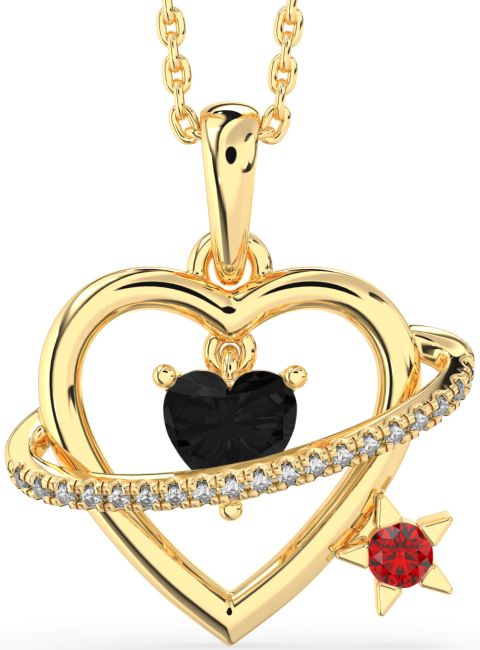 Black Diamond & Ruby Gold Heart Star Necklace