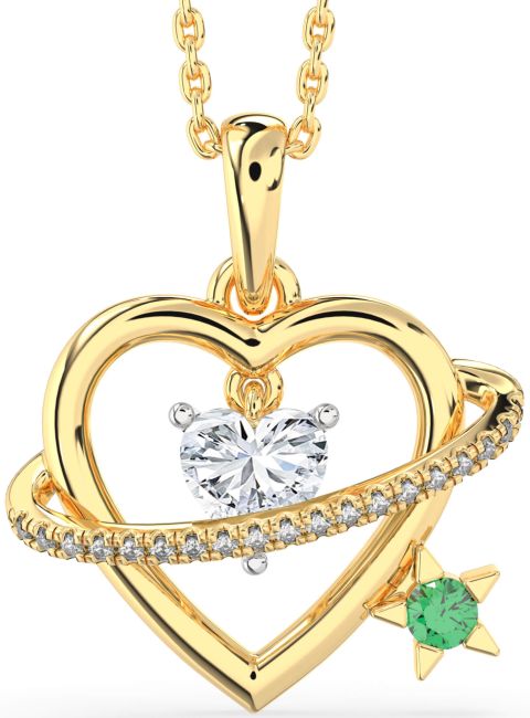 Emerald & Diamond Gold Silver Heart Star Necklace