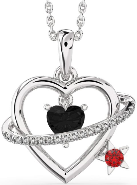 Black Diamond & Ruby Silver Heart Star Necklace