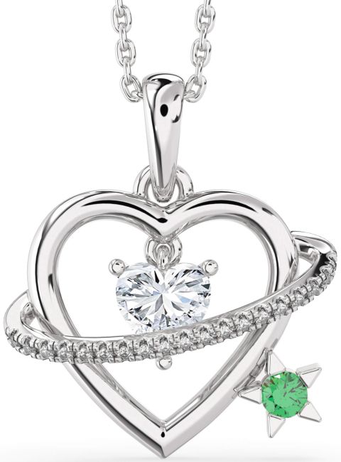 Emerald & Diamond Silver Heart Star Necklace