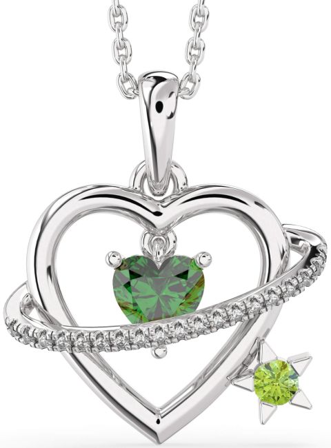 Diamond Emerald & Peridot Silver Heart Star Necklace