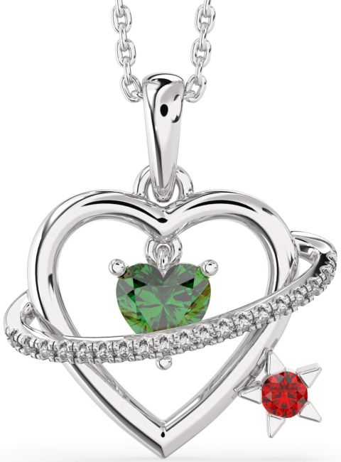 Diamond Emerald & Ruby Platinum Heart Star Necklace