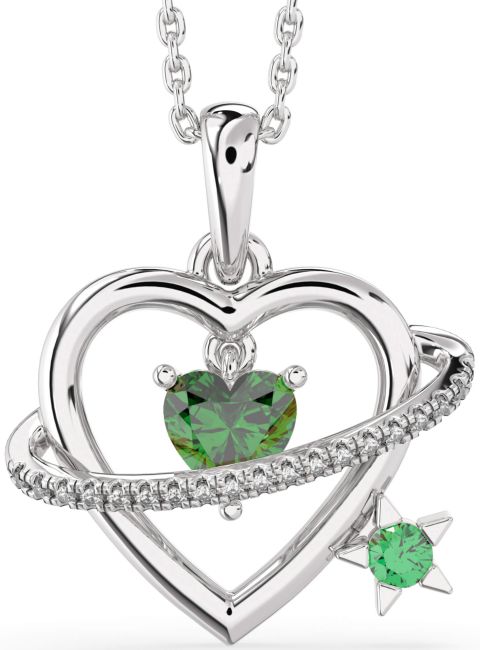 Diamond Emerald Silver Heart Star Necklace
