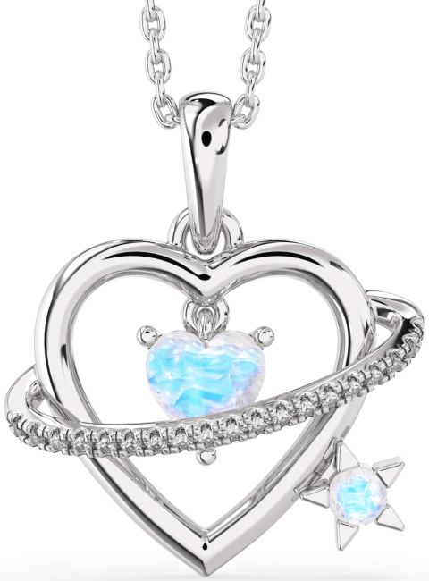 Diamond Moonstone Silver Heart Star Necklace