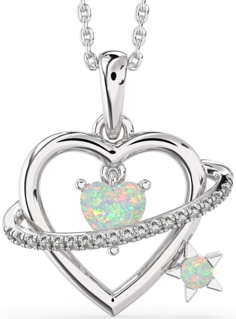 Diamond Opal Silver Heart Star Necklace