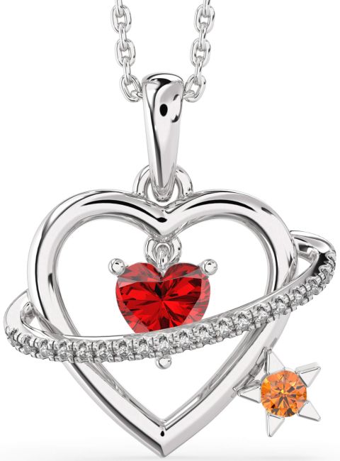 Diamond Ruby & Citrine Silver Heart Star Necklace