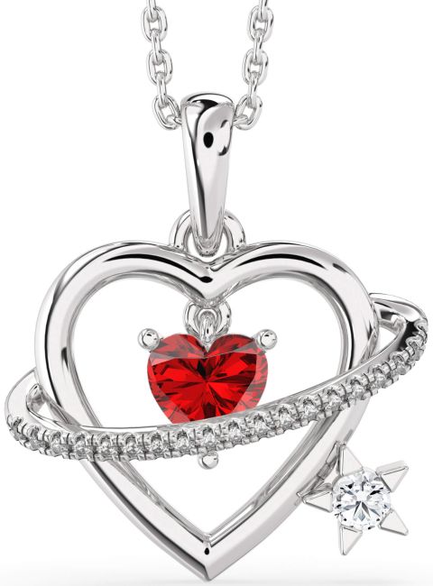 Diamond & Ruby Silver Heart Star Necklace