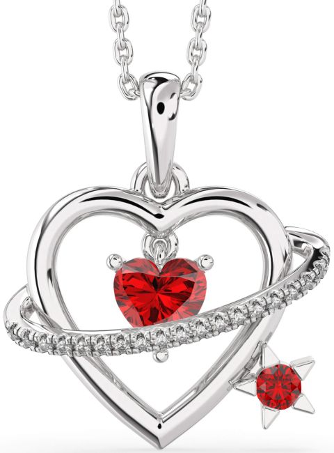Diamond Ruby Silver Heart Star Necklace