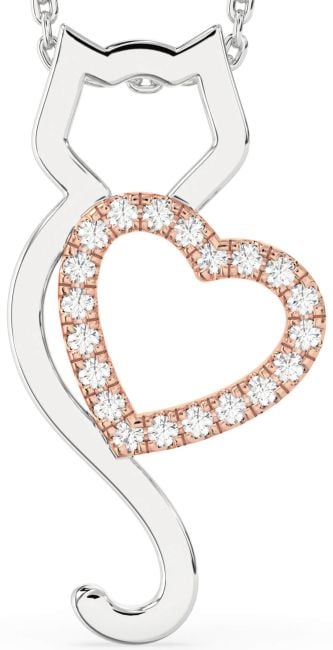Large Diamond White Rose Gold Cat Heart Necklace
