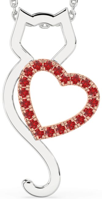 Large Ruby Platinum & Rose Gold Cat Heart Necklace