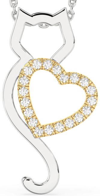 Large Diamond Silver & 10K gold Cat Heart Necklace
