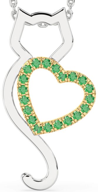 Large Emerald Gold Silver Cat Heart Necklace