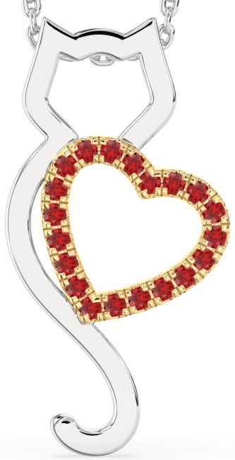 Large Ruby Gold Silver Cat Heart Necklace