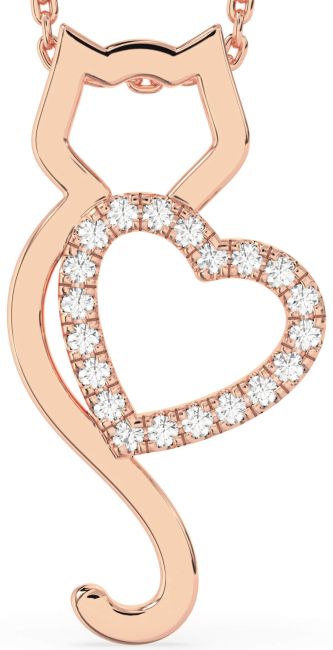 Large Diamond Rose Gold Silver Cat Heart Necklace