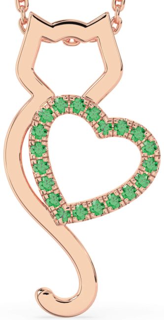 Large Emerald Rose Gold Cat Heart Necklace