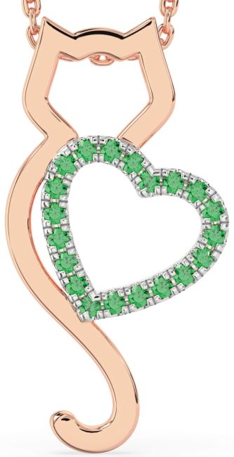 Large Emerald Rose Gold Silver Cat Heart Necklace