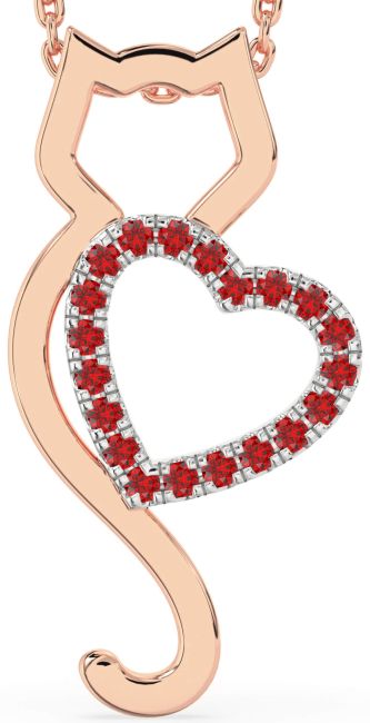 Large Ruby Rose Gold Silver Cat Heart Necklace