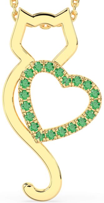 Large Emerald Gold Cat Heart Necklace