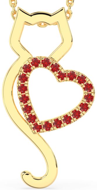 Large Ruby Gold Silver Cat Heart Necklace