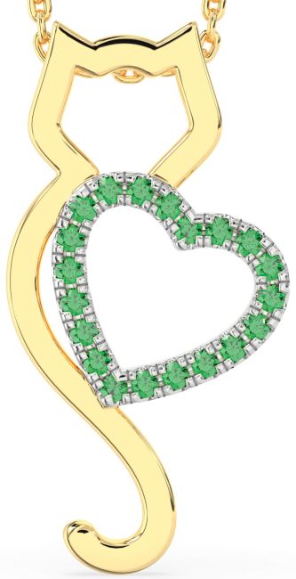 Large Emerald Gold Silver Cat Heart Necklace
