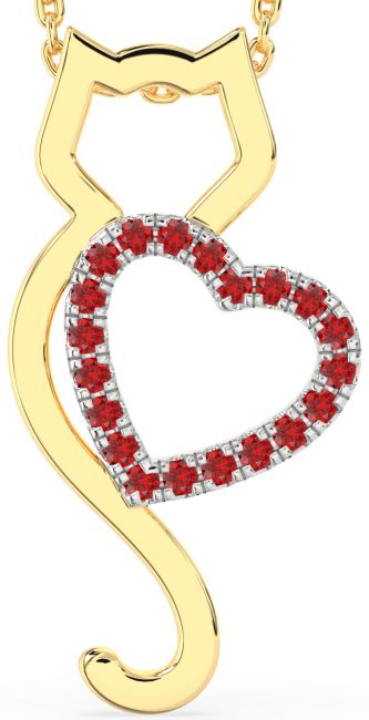 Large Ruby Gold Silver Cat Heart Necklace