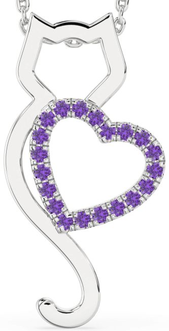 Large Amethyst Silver Cat Heart Necklace