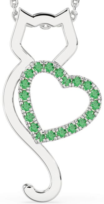 Large Emerald Silver Cat Heart Necklace