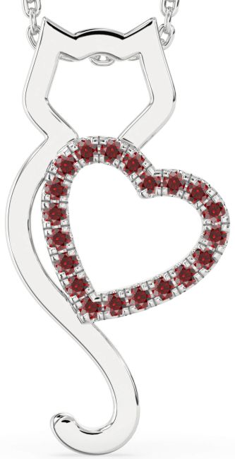 Large Garnet Silver Cat Heart Necklace