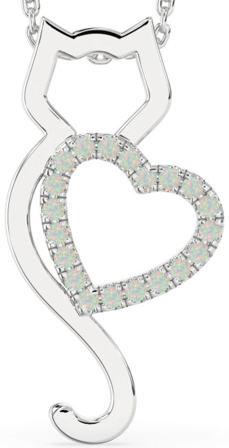 Large Opal Platinum Cat Heart Necklace